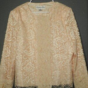 Christian Dior Women Light Pink Button Up Floral Lace Vintage 80s Jacket Size 16